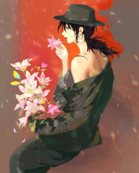 1girl absurdres bare_shoulders black_hair black_hat black_jacket black_lips black_pants bouquet chinese_commentary commentary_request deren_(path_to_nowhere) earrings flower from_side grey_eyes hat heart heart_earrings highres holding holding_bouquet holding_flower invisible_chair jacket jewelry lipstick luori_dianxin makeup medium_hair off_shoulder pants parted_lips path_to_nowhere profile shadow sitting solo white_flower