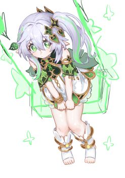 070203wjx 1girl anklet armlet asymmetrical_sidelocks bloomers bracelet braid cape clenched_hands cross-shaped_pupils detached_sleeves dress dress_tug expressionless eyelashes from_above full_body genshin_impact gold gold_trim green_cape green_eyes green_hair green_sleeves hair_between_eyes hair_intakes hair_ornament half_crown_braid heart heart_hair_ornament highres jewelry leaf leaf_hair_ornament long_hair looking_at_viewer multicolored_hair nahida_(genshin_impact) on_swing pointy_ears side_ponytail sidelocks sitting solo stirrup_footwear streaked_hair swing symbol-shaped_pupils tareme toenails toes underwear white_background white_bloomers white_dress white_hair yellow_pupils