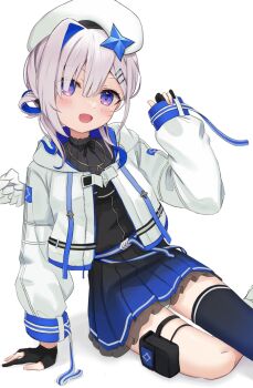 1girl :d amane_kanata amane_kanata_(work) angel asymmetrical_legwear badao beret black_ribbon blue_eyes blue_hair blue_skirt commentary_request dot_nose feathered_wings gloves hat highres hololive jacket long_hair long_sleeves looking_at_viewer multicolored_hair official_alternate_costume open_mouth partially_fingerless_gloves puffy_sleeves ribbon simple_background skirt smile solo star_(symbol) virtual_youtuber white_hair white_jacket wings
