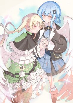 2girls absurdres angel_wings asymmetrical_footwear bag black_bag black_capelet black_shoes blue_hair blue_skirt braid braided_hair_rings capelet closed_eyes crying crying_with_eyes_open dress flower-trimmed_dress frilled_dress frilled_skirt frills green_dress green_shoes hair_rings highres holding_hands magical_girl mahou_shoujo_no_majo_saiban messenger_bag mononobe_nekuro multiple_girls no_headwear plaid_clothes plaid_skirt shoes short_hair shoulder_bag skirt tachibana_sherry tears tono_hanna too_many too_many_frills wings yellow_eyes