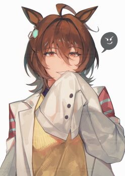 1girl absurdres agnes_tachyon_(tach-nology)_(umamusume) agnes_tachyon_(umamusume) ahoge animal_ears breasts brown_hair coat commentary english_commentary evil_smile hair_between_eyes highres horse_ears horse_girl lab_coat long_sleeves looking_at_viewer open_clothes open_coat simple_background smile solo sweater tomodurien umamusume white_background white_coat yellow_sweater