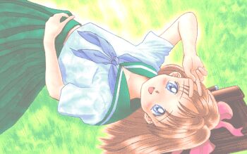 1girl arm_up bad_id blue_eyes blue_neckerchief bow briefcase brown_bag brown_hair goto_p green_sailor_collar green_skirt hair_bow looking_at_viewer lying medium_hair midriff_peek neckerchief no_dickey on_back open_mouth original pc-98_(style) pleated_skirt red_bow sailor_collar school_briefcase school_uniform serafuku shirt short_sleeves skirt smile solo v white_shirt