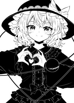 1girl bow buttons diamond_button four-finger_heart_hands frilled_hat frilled_shirt_collar frilled_sleeves frills greyscale hat hat_bow hat_ribbon heart heart-shaped_pupils heart_hands highres komeiji_koishi monochrome nanahana_nanana ribbon smile symbol-shaped_pupils third_eye touhou white_background