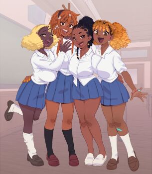 2024 4girls absurdres alternate_skin_color alternate_universe black-framed_eyewear black_hair blonde_hair breast_press breasts brown_hair brown_lips chocotoro classroom dark-skinned_female dark_skin dreadlocks earclip fang fingernails gamou_maki ganguro gyaru hair_ornament hair_tubes hairclip highres ijiranaide_nagatoro-san large_breasts licking_lips long_hair mahmapuu medium_breasts multiple_girls nagatoro_hayase nail_polish open_mouth orange_hair pinching pink_nails ponytail red_lips sakura_(nagatoro) school_uniform artist_self-insert short_hair short_twintails skirt socks standing teeth tongue tongue_out twintails upper_teeth_only very_dark_skin yellow_nails yoshi_(nagatoro)