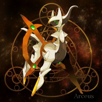 animal_focus arceus brown_background character_name colored_sclera commentary_request full_body gen_4_pokemon green_sclera legendary_pokemon looking_at_viewer mythical_pokemon nintendo no_humans ota's pokemon pokemon_(creature) red_eyes solo standing