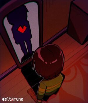 1other brown_hair commentary_request deltarune from_above full_body heart highres kris_(deltarune) looking_at_mirror mirror other_focus rug shio_tou silhouette solo soul_(deltarune) standing utdr_(toby_fox)
