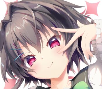 >:) 1girl 9-nine- absurdres black_hair blush chuunibyou closed_mouth collarbone commentary eyes_visible_through_hair frilled_sleeves frills hair_between_eyes hair_intakes hair_ornament hairclip hand_up head_tilt highres kuho_girls_academy_school_uniform long_sleeves looking_at_viewer portrait red_eyes school_uniform short_hair simple_background smile smug solo user_gesz2338 v v-shaped_eyebrows v_over_eye white_background wide_sleeves yuuki_noa