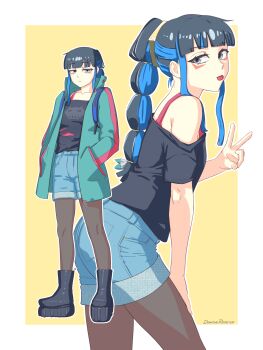 1girl bare_shoulders black_boots black_hair black_shirt blue_hair blue_shorts boots breasts brown_pantyhose colored_inner_hair dantonphanton denim denim_shorts eyeliner fate/grand_order fate_(series) full_body green_jacket grey_eyes highres jacket long_hair long_sleeves looking_at_viewer makeup multicolored_hair multiple_views off_shoulder pantyhose ponytail shirt short_sleeves shorts sidelocks small_breasts tenochtitlan_(fate) tongue tongue_out