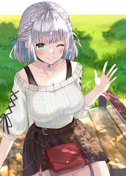 Rule 34 | 1girl, absurdres, alternate costume, arm up, bench, black ribbon, black skirt, blue bow, bow, braid, breasts, cable knit, cleavage, grass, green eyes, hair bow, highres, hololive, jewelry, large breasts, looking at viewer, necklace, off-shoulder sweater, off shoulder, one eye closed, outstretched hand, plaid clothes, plaid skirt, pocketbook, ribbed sweater, ribbon, shirogane noel, shirogane noel (casual), shiroserika, short hair, silver hair, sitting, skirt, smile, solo, strap, sweater, virtual youtuber, white sweater
