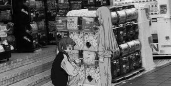 2girls blunt_bangs blunt_ends bocchi_the_rock! braid feet_out_of_frame from_behind gashapon gotoh_hitori greyscale hiroi_kikuri ibuki_(ibuki0118) jacket long_hair long_sleeves looking_at_another monochrome multiple_girls open_mouth pants photo_background pointing smile squatting standing straight_hair wide_shot