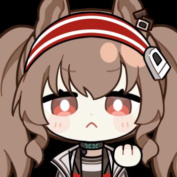 1girl :< angelina_(arknights) animal_ears animated animated_gif arknights black_choker blush bright_pupils brown_hair chinese_commentary choker chunye_haruya coat commentary_request dot_nose earpiece fox_ears hair_between_eyes hairband infection_monitor_(arknights) jacket looking_at_another looking_at_viewer lowres material_growth middle_finger open_clothes open_coat open_jacket oripathy_lesion_(arknights) red_eyes red_hairband red_jacket solo striped_clothes striped_hairband transparent_background twintails two-tone_hairband v-shaped_eyebrows white_coat white_pupils