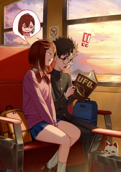 Rule 34 | !, !!, 1boy, 1girl, absurdres, afureru colors, ayase momo, black hair, black jacket, black pants, blue bag, blue skirt, book, bow, bowtie, breasts, brown hair, brown shoes, cat, chibi, chibi inset, closed eyes, collared shirt, couple, crossed bangs, dandadan, earrings, furrowed brow, gakuran, glasses, gold buttons, hair between eyes, hetero, highres, holding, holding book, jacket, jewelry, leaning on person, loafers, medium breasts, open mouth, orange bag, pants, parted bangs, parted lips, pink sweater, pleated skirt, red bow, red bowtie, round eyewear, school uniform, shirt, shoes, short hair, skirt, sleeping, smile, socks, spoken character, sunset, sweatdrop, sweater, takakura ken (dandadan), turbo granny (dandadan), v arms, white shirt, white socks