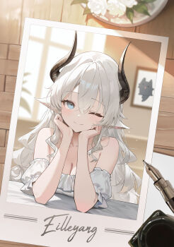 1girl absurdres animal_ears bare_shoulders black_horns blue_eyes blurry breasts brick_wall cleavage closed_mouth collarbone drawing_(object) dress goat_ears goat_girl hair_between_eyes hands_on_own_face head_rest highres horns indoors long_hair looking_at_viewer medium_breasts neiless_neiro off-shoulder_dress off-shoulder_shirt off_shoulder one_eye_closed original photo_(object) picture_frame shirt short_sleeves smile solo upper_body white_hair window