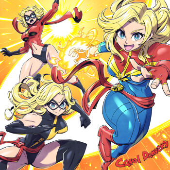 blonde_hair blue_eyes bodysuit boots bright_pupils captain_marvel carol_danvers character_name clothing_cutout domino_mask elbow_gloves eye_mask fingerless_gloves gloves highleg highleg_leotard leotard long_hair marvel mask multiple_persona multiple_views navel navel_cutout official_alternate_costume open_mouth red_sash red_scarf sash scarf sleeveless sunafuki_tabito superhero_costume thighhighs