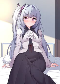 1girl absurdres black_dress blush breasts closed_mouth commentary_request commission cross-shaped_pupils dress highres indoors kkam-sang korean_commentary long_hair long_sleeves looking_at_viewer medium_breasts one_side_up original purple_eyes second-party_source shirt sitting solo symbol-shaped_pupils white_hair white_shirt