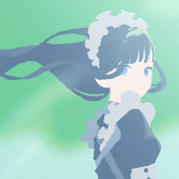1girl animated animated_gif black_dress black_hair blue_eyes dress expressionless film_grain floating_hair from_side green_sky long_hair looping_animation maid maid_headdress no_lineart original puffy_short_sleeves puffy_sleeves short_sleeves sky solo sunlight totorika turning_head upper_body wind