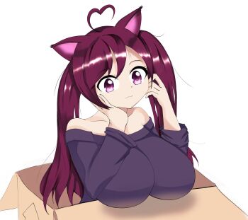 1girl absurdres ahoge animal_ears bare_shoulders box breasts cardboard_box cat_ears codyyuki heart heart_ahoge heart-shaped_hair highres indie_virtual_youtuber large_breasts pink_eyes purple_hair purple_top saralene solo star_(symbol) star_in_eye symbol_in_eye twintails virtual_youtuber white_background