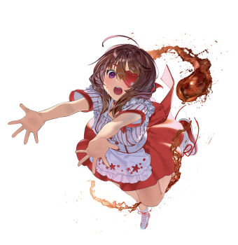 1girl :o absurdres accident apron artist_name blush boots clumsy cola commentary_request eyepatch falling foreshortening frilled_apron frills full_body hair_between_eyes heart heart_eyepatch heaven_burns_red highres hiiragi_kozue hitodama lace-up_boots looking_at_viewer medium_hair misonikomi_ss one_eye_covered open_mouth outstretched_arms outstretched_hand print_apron purple_eyes red_skirt shirt short_sleeves simple_background skirt solo standing standing_on_one_leg star_(symbol) star_print striped_clothes striped_shirt sweatdrop teeth vertical-striped_clothes vertical-striped_shirt waitress watermark white_apron white_background white_boots white_shirt