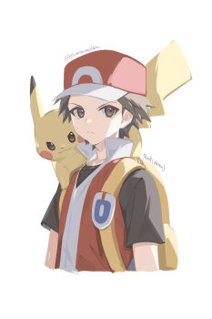 Rule 34 | 1boy, 88 (einnimnech), backpack, bag, black shirt, brown hair, closed mouth, commentary request, cropped torso, gen 1 pokemon, hat, highres, looking at viewer, male focus, nintendo, on shoulder, pikachu, pokemon, pokemon (creature), pokemon frlg, pokemon on shoulder, red (pokemon), red hat, red vest, shirt, short hair, short sleeves, t-shirt, upper body, vest, vs seeker, yellow bag