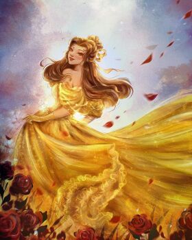 1girl adapted_costume animification beauty_and_the_beast_(disney) belle_(disney) breasts brown_eyes brown_hair dress earrings flower gloves highres jewelry long_hair looking_at_viewer non-web_source ponytail roytheart smile solo source_request yellow_dress