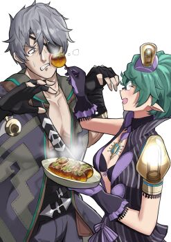 1boy 1girl black_bra black_coat black_gloves bra breasts chest_jewel coat commentary_request cowboy_shot eyepatch feeding fingerless_gloves food glasses gloves green_hair grey_hair highres no_shirt pandoria_(xenoblade) pointy_ears short_hair simple_background small_breasts takoyaki underwear white_background xenoblade_chronicles_(series) xenoblade_chronicles_2 yamame_012 zeke_von_genbu_(xenoblade)