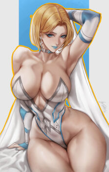 1girl absurdres armpits athletic_leotard black_background blonde_hair blue_eyes blue_lips blue_nails bob_cut breasts closed_mouth commentary emma_frost heart highres large_breasts legs_together leotard looking_at_viewer marvel marvel_rivals sherylnome simple_background solo thick_thighs thighs wide_hips x-men