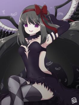 Rule 34 | 1girl, akemi homura, akuma homura, argyle clothes, argyle thighhighs, arm behind head, armlet, armpits, bare shoulders, black hair, black wings, bow, center opening, collar, collarbone, commentary request, cowboy shot, crossed legs, detached collar, dot nose, dress, elbow gloves, falling feathers, feather-trimmed dress, feathered wings, feathers, floating hair, gloves, grey thighhighs, hair bow, hairband, hand in own hair, happy, highres, jewelry, jitome, long dress, long hair, mahou shoujo madoka magica, mahou shoujo madoka magica: hangyaku no monogatari, mahou shoujo madoka magica magia exedra, open mouth, purple background, purple collar, purple dress, purple eyes, purple gloves, red bow, red hairband, side slit, sidelocks, signature, sitting, smile, solo, spread legs, strapless, strapless dress, thighhighs, tsugahara ne ne, very long hair, wide spread legs, wings