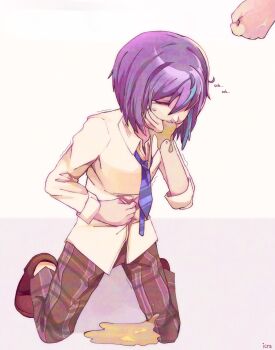 Rule 34 | 1boy, 1other, 505 (icra505), blue necktie, blue streaks, brown pants, brown shoes, clenched hand, closed eyes, covering own mouth, crying, hand on own stomach, highres, kamishiro rui, kamishiro rui (middle school), kneeling, male focus, multicolored hair, necktie, out of frame, pants, project sekai, punched, purple hair, raised inner eyebrows, reverse ryona, school uniform, shirt, shoes, short hair, simple background, solo focus, streaked hair, trembling, vomit, vomiting, white background, white shirt