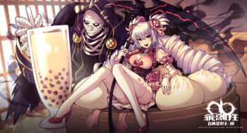 1girl 1other :d absurdres bandaged_hand bandaged_head bandages black_hood black_jacket black_wings breasts brooch brown_corset bubble_tea character_request chinese_commentary cleavage cleavage_cutout clothing_cutout commentary_request convenient_leg copyright_name corset dress dress_flower dress_ribbon drill_hair drink drinking_straw fingernails fishine flower flower_armlet food full_body gloves hair_flower hair_ornament high_heels highres holding holding_drinking_straw holding_scythe holding_weapon jacket jewelry kai-ri-sei_million_arthur knees_up large_breasts logo long_hair looking_at_viewer microdress million_arthur_(series) official_art open_mouth partially_fingerless_gloves pink_dress pink_flower puffy_sleeves red_eyes red_footwear red_nails red_ribbon ribbon scythe short_sleeves short_twintails sidelocks signature sitting smile split_ponytail steamed_bun teeth thighhighs thighs twintails upper_body upper_teeth_only upskirt very_long_hair weapon white_eyes white_gloves white_hair white_thighhighs wings