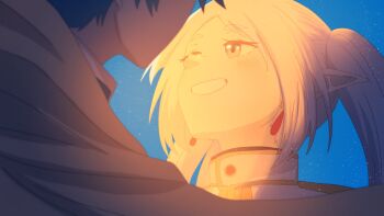 1boy 1girl absurdres blue_hair blue_sky blush cape capelet earrings frieren grey_hair grin highres himmel_(sousou_no_frieren) jewelry long_hair meme pointy_ears short_hair sky smile sousou_no_frieren teeth twintails upward_angle_frieren_drawing_(meme) white_cape white_capelet yin_midnight