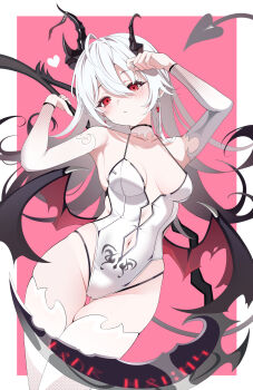 1girl :/ absurdres antenna_hair arm_up asymmetrical_horns black_hair black_horns blush border breasts breasts_apart closed_mouth clothing_cutout commentary demon_girl demon_horns demon_tail demon_wings detached_sleeves diamond_cutout diamond_earrings dress earrings floating_hair gradient_hair hair_between_eyes halterneck hand_up head_tilt highleg highleg_dress highres holding holding_scythe holding_weapon horns inset_border jewelry long_hair looking_at_viewer medium_breasts multicolored_hair navel_cutout original panty_straps pink_background red_eyes scythe sikimosh solo tail thighhighs thighs very_long_hair weapon white_border white_hair white_thighhighs wings