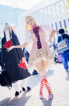 1girl blonde_hair blue_eyes boots cosplay cosplay_photo dress emilie_de_rochefort emilie_de_rochefort_(cosplay) fingerless_gloves gloves highres kiminimuchuura long_hair looking_at_viewer photo_(medium) real_life short_sleeves tekken tekken_8