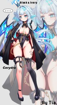 ... 1girl absurdres alternate_breast_size_(larger) black_cape black_leotard black_thighhighs blue_eyes blue_hair breasts cape cerydra_(honkai:_star_rail) character_name commentary crown english_commentary english_text gluteal_fold high_heels highres honkai:_star_rail honkai_(series) large_breasts leotard long_hair single_thighhigh solo spoken_ellipsis thigh_strap thighhighs tia_(4017342) very_long_hair video_call wings zoom_layer