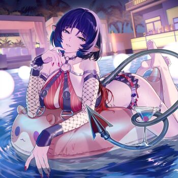 1girl animal_ears bare_shoulders barefoot black_hair blue_hair blurry blurry_background bottle breasts commentary_request cup detached_sleeves feet fishnet_sleeves fishnets gr_giri highres holding holding_cup inflatable_toy jane_doe_(nocturne_of_light)_(zenless_zone_zero) jane_doe_(zenless_zone_zero) large_breasts looking_at_viewer lying mouse_ears mouse_girl mouse_tail multicolored_hair nail_polish night o-ring on_stomach one-piece_swimsuit outdoors parted_lips pool red_hair red_nails second-party_source skirt solo swimsuit tail water wet zenless_zone_zero