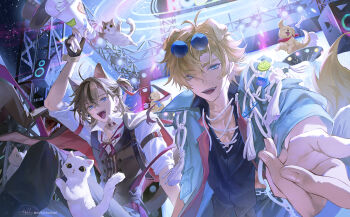 2boys absurdres ahoge animal animal_ears arknights armband bag bandana black_gloves black_pants black_shirt black_streaks blonde_hair blue_eyes blue_jacket blue_ribbon brown_armband brown_bag brown_cape brown_hair brown_vest cape cat cat_boy cat_ears cat_tail collar collarbone collared_shirt dog dog_boy dog_ears dog_tail dreamcatcher fangs fingerless_gloves gloves hair_between_eyes hand_up highres holding holding_megaphone jacket looking_at_viewer male_focus megaphone messy_hair midriff_peek multiple_boys myluche neck_ribbon night night_sky open_clothes open_jacket open_mouth open_shirt pants pocket ponytail reaching reaching_towards_viewer red_armband red_bandana red_cape red_ribbon ribbon shirt sitting sky sleeves_rolled_up smile stage stage_lights stainless_(arknights) star_(sky) sticker sunglasses tail tequila_(arknights) tequila_(top_tier_live)_(arknights) thick_eyebrows tongue vest watermark white_shirt white_string yellow_eyes