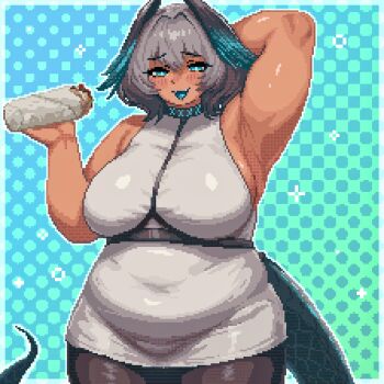 1girl arknights arm_behind_head blue_background blue_eyes blue_tongue blush breasts brown_pantyhose burrito colored_tongue commentary covered_navel cowboy_shot english_commentary food green_background grey_hair hair_between_eyes halftone halftone_background highres ho&#039;olheyak_(arknights) holding holding_food kunochai large_breasts looking_at_viewer medium_hair open_mouth outline outside_border pantyhose pixel_art plump sleeveless solo tail thick_arms white_outline