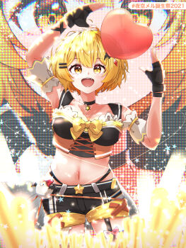 1girl absurdres bat_hair_ornament black_choker black_gloves black_shorts black_tube_top blonde_hair breasts choker commentary_request fang fingerless_gloves gloves hair_ornament hairpin highres hololive looking_at_viewer medium_breasts medium_hair official_alternate_costume shorts solo strapless tube_top u_da_desu virtual_youtuber yellow_eyes yozora_mel yozora_mel_(2nd_costume)
