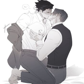 2boys absurdres ace_attorney adam's_apple arms_up belt blush closed_eyes collared_shirt formal_clothes friedtofu4444 grabbing_another's_pectorals grey_background greyscale hand_on_another's_neck highres jacket kneeling long_sleeves male_focus miles_edgeworth monochrome multiple_boys open_collar pants phoenix_wright removing_jacket shirt shirt_tucked_in short_hair short_sideburns sideburns sitting sleeve_cuffs socks speech_bubble spiked_hair suit suit_jacket vest wing_collar yaoi