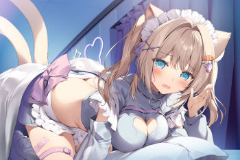 1girl @_@ all_fours animal_ears apron blonde_hair blue_eyes blue_shirt blue_skirt bow breasts cat_ears cat_girl cat_tail cleavage cleavage_cutout clothing_cutout commentary_request crop_top fang frills grey_socks hair_intakes hair_ornament hairclip headdress heart heart_cutout karory long_hair long_sleeves looking_at_viewer maid_apron maid_headdress medium_breasts midriff mimikaki miniskirt multiple_tails open_mouth original pillow purple_bow shirt shoulder_cutout skirt socks solo sweatdrop tail thigh_strap thighs top-down_bottom-up twintails two_tails waist_apron