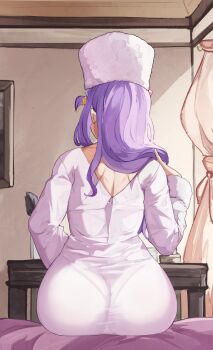 1girl akihitoevon anastasia_hoshin ass commentary dress english_commentary from_behind fur_hat hair_ornament hat highres indoors long_hair on_bed one_side_up panties_visible_through_clothes papakha purple_hair re:zero_kara_hajimeru_isekai_seikatsu sitting solo star_(symbol) star_hair_ornament white_dress white_hat