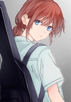 1girl blue_eyes brown_hair closed_mouth commentary girls_band_cry grey_background guitar_case highres instrument_case instrument_on_back iseri_nina low_twintails shirt short_hair short_sleeves short_twintails solo tasuku2218 twintails white_shirt