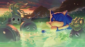 1boy bathing blue_fur closed_eyes closed_mouth commentary day english_commentary evan_stanley full_body furry furry_male hedgehog_boy highres lying mountain night official_art onsen outdoors partially_submerged sonic_(series) sonic_frontiers sonic_the_hedgehog water