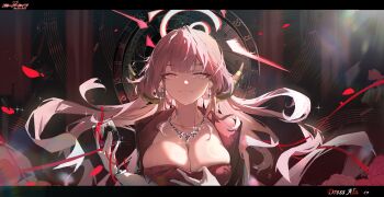 1girl absurdres alcohol aru_(blue_archive) aru_(dress)_(blue_archive) blue_archive breasts character_name chinese_commentary cleavage closed_mouth collarbone commentary_request copyright_name cup dial dress drink drinking_glass earrings floating_hair glint gloves halo highres holding holding_drink huade_xiami jewelry large_breasts lens_flare letterboxed light_particles light_smile long_hair looking_at_viewer making-of_available necklace official_alternate_costume petals pink_eyes pink_hair pink_halo red_dress red_petals roman_numeral solo sparkle thread typo upper_body white_gloves wine wine_glass