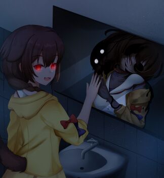 :d animal_ears blood blood_on_clothes breasts brown_hair cleavage dark_background death different_reflection dog_ears dog_girl dog_tail empty_eyes from_behind glowing glowing_eyes highres hololive horror_(theme) inugami_korone inugami_korone_(1st_costume) jacket long_hair looking_back mirror open_mouth red_eyes reflection rimun_rimun sink smile tail virtual_youtuber