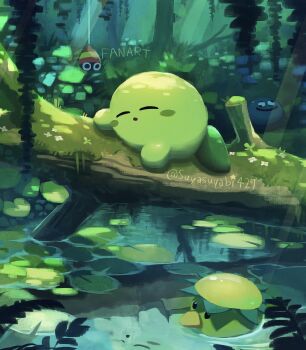 afloat apolo_(kirby) blush_stickers closed_eyes day forest gooey_(kirby) grass highres kapar_(kirby) kappa kirby kirby_(series) light_rays lily_pad log nature nintendo no_humans official_alternate_color outdoors pupa_(kirby) reflection reflective_liquid sleeping sunbeam sunlight suyasuyabi tree twitter_username water