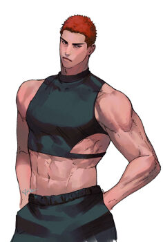 Rule 34 | 1boy, abs, bara, black pants, black shirt, closed mouth, cropped shirt, fatcat, large pectorals, male focus, muscular, muscular male, navel, pants, pectorals, red hair, sakuragi hanamichi, shirt, short hair, simple background, slam dunk (series), solo, white background