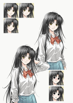 1girl anime_coloring arm_behind_head black_hair blue_skirt blush blush_stickers bow bowtie commentary_request curtained_hair embarrassed expressionless furrowed_brow hair_intakes head_tilt highres light_blush light_frown light_smile long_hair long_sleeves looking_at_viewer middle_part multiple_expressions multiple_views nervous nervous_sweating nishita open_collar original pleated_skirt puff_of_air red_bow red_bowtie school_uniform shirt sidelocks skirt solid_circle_pupils solo straight_hair sweat triangle_mouth twitter_username upper_body white_background white_shirt yellow_eyes