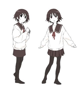 1girl camera closed_mouth commentary_request dot_mouth full_body greyscale highres holding holding_camera looking_at_viewer monochrome multiple_views neck_ribbon open_mouth pantyhose pleated_skirt red_ribbon ribbon sailor_collar sawatari_fuu school_uniform serafuku shirt short_hair simple_background skirt spot_color standing tamayura wakaryang