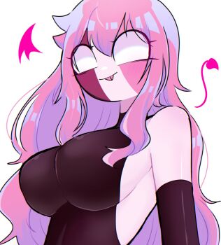 Rule 34 | 1girl, :d, breasts, demon horns, demon tail, from below, highres, horns, leotard, looking at viewer, open mouth, pink hair, sarvente (friday night funkin'), sideboob, simple background, smile, tail, wings, yume0534