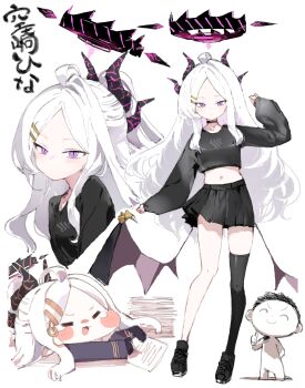 1boy 1girl ahoge alternate_costume black_choker black_halo black_shirt black_shoes black_skirt blue_archive blush chibi child choker closed_mouth commentary_request cropped_shirt crying demon_girl demon_horns demon_wings expressionless full_body gehenna_academy_logo hair_ornament hairclip half-closed_eyes halo highres hina_(blue_archive) horns kotatu_(akaki01aoki00) long_hair long_sleeves looking_at_viewer low_wings midriff multiple_horns multiple_views navel open_mouth paper_stack pleated_skirt purple_eyes shirt shoes simple_background single_sock skirt socks thighhighs thighs thumbs_up very_long_hair wavy_hair white_background white_hair wings writing zettai_ryouiki
